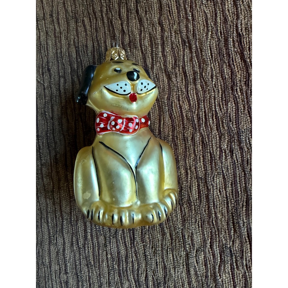 Vintage Blown Glass Dog Christmas Ornament Gold Puppy with Red Bow Tie 4.5 Inch